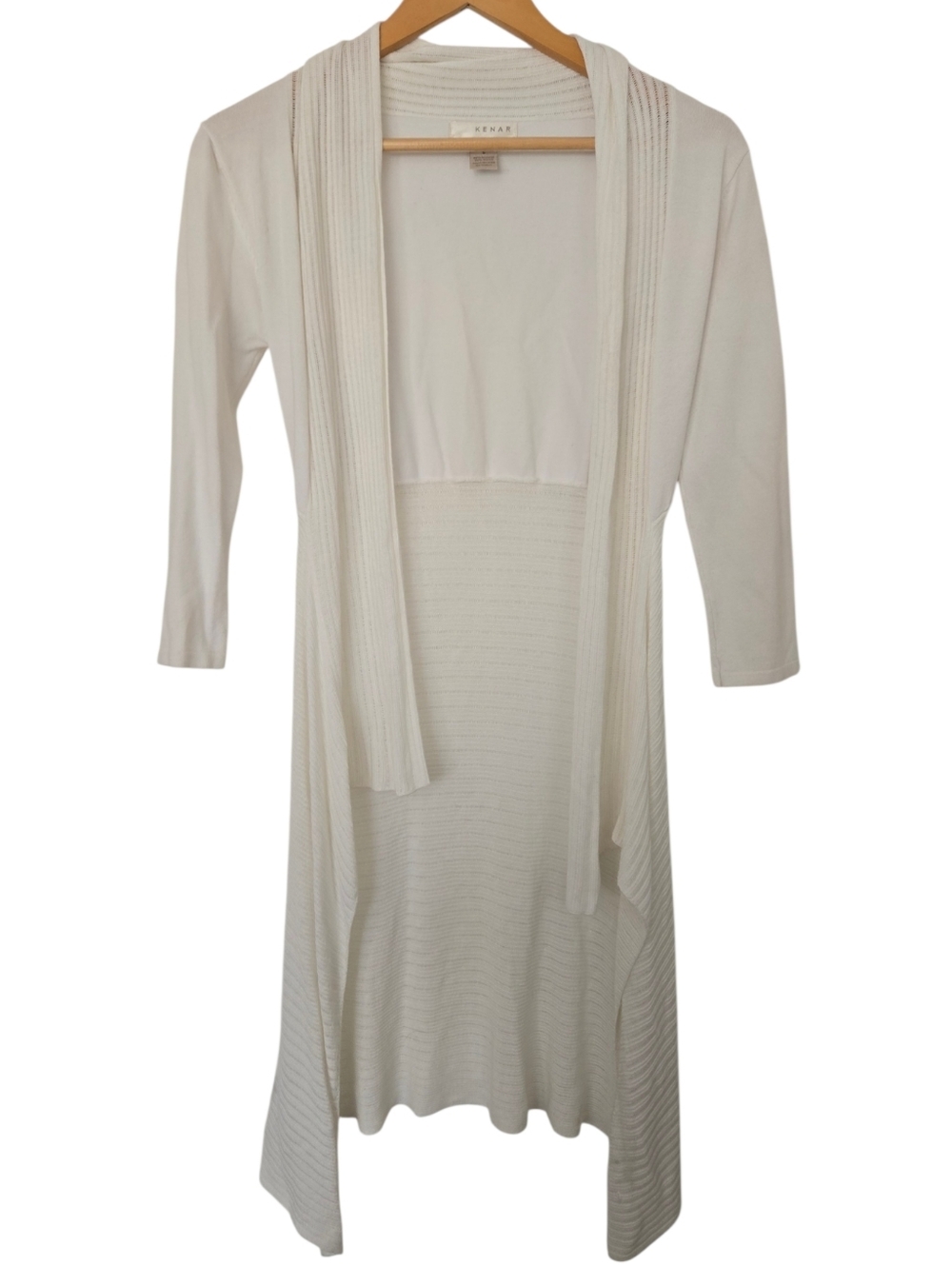 🤍 Kenar Cream Open Front Cardigan Dress – Layered Knit Midi 3/4 Sleeve Size S